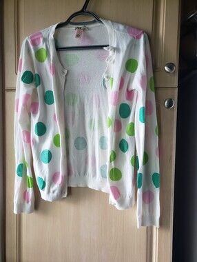 DownEast Cream Sweater with Pink and Green Polka Dots Cotton